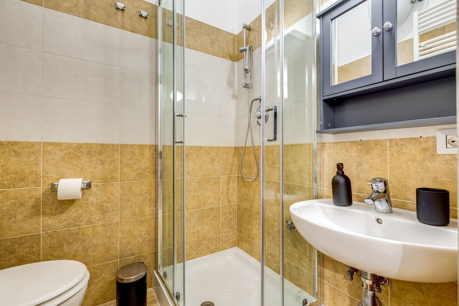 A modern bathroom with a glass shower enclosure, a white sink, and a toilet.