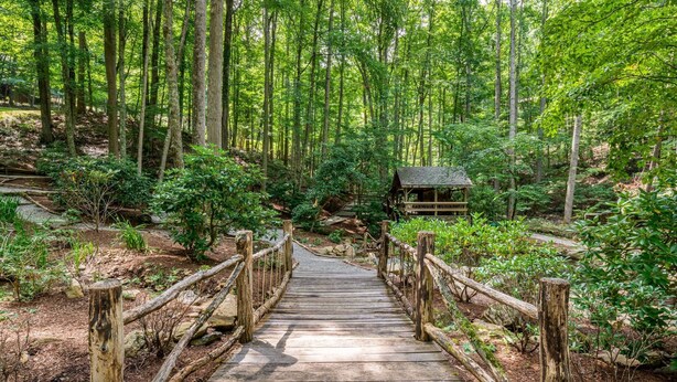 Un puente de madera que conduce a una pequeña construcción de madera en un área boscosa.