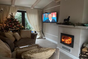 Una sala de estar acogedora con chimenea, un árbol de Navidad y un televisor.