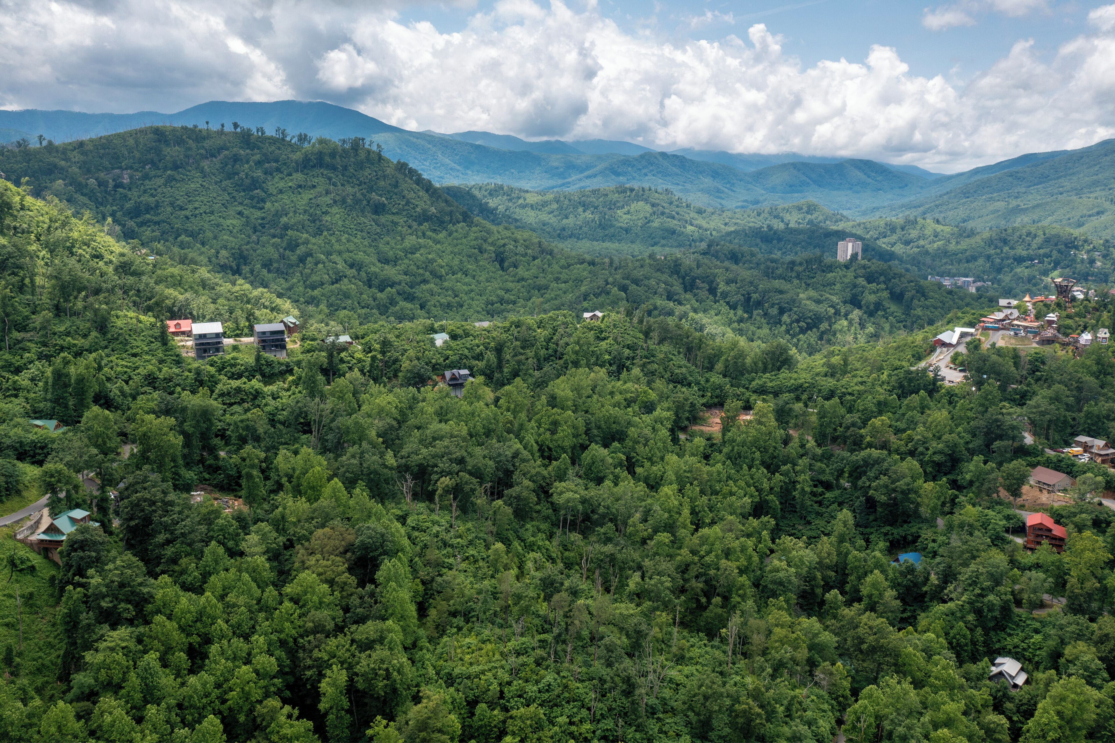 A mountainous landscape with scattered buildings amidst dense forest.