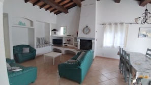 A living room with a sofa, a coffee table, a TV, and a fireplace. - Les Palmiers – Sleeps 6, with a pool and air conditioning (Trans-en-Provence)