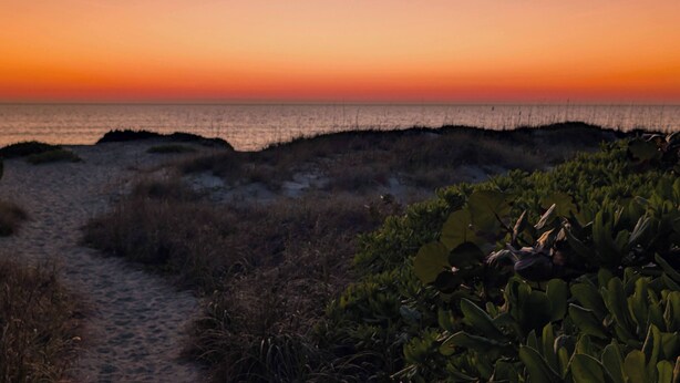 A beach path leading to the ocean with dunes and vegetation. - Steps to Beach - Spacious 2BR + Arcade & Resort Backyard (Cocoa Beach)