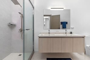 Shower, towels, soap, shampoo
