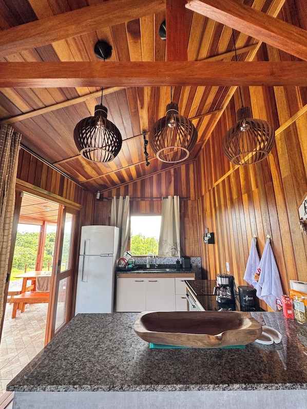 Een koelkast, een oven, een kookplaat, een waterkoker