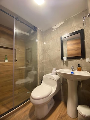 Shower, towels, soap, toilet paper