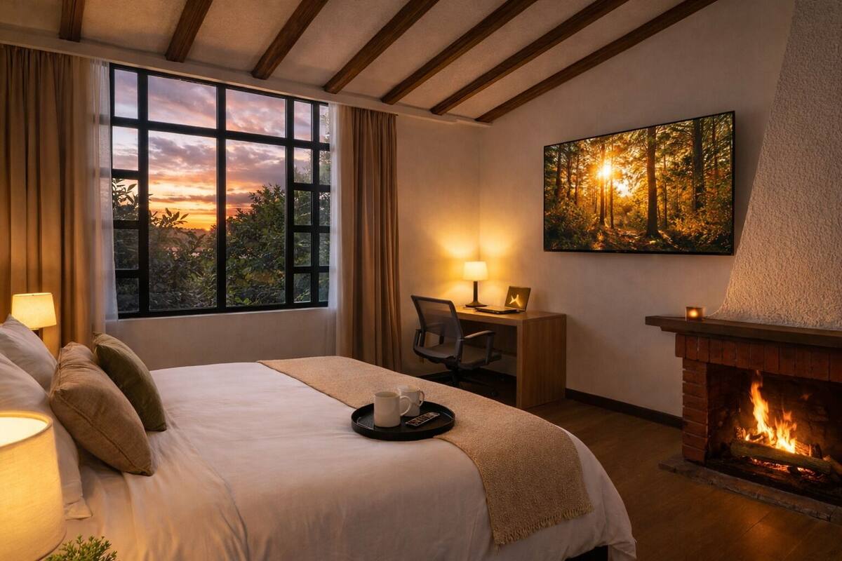 Una habitación de hotel con una cama grande, un escritorio con una computadora portátil, una chimenea y un cuadro de un bosque.