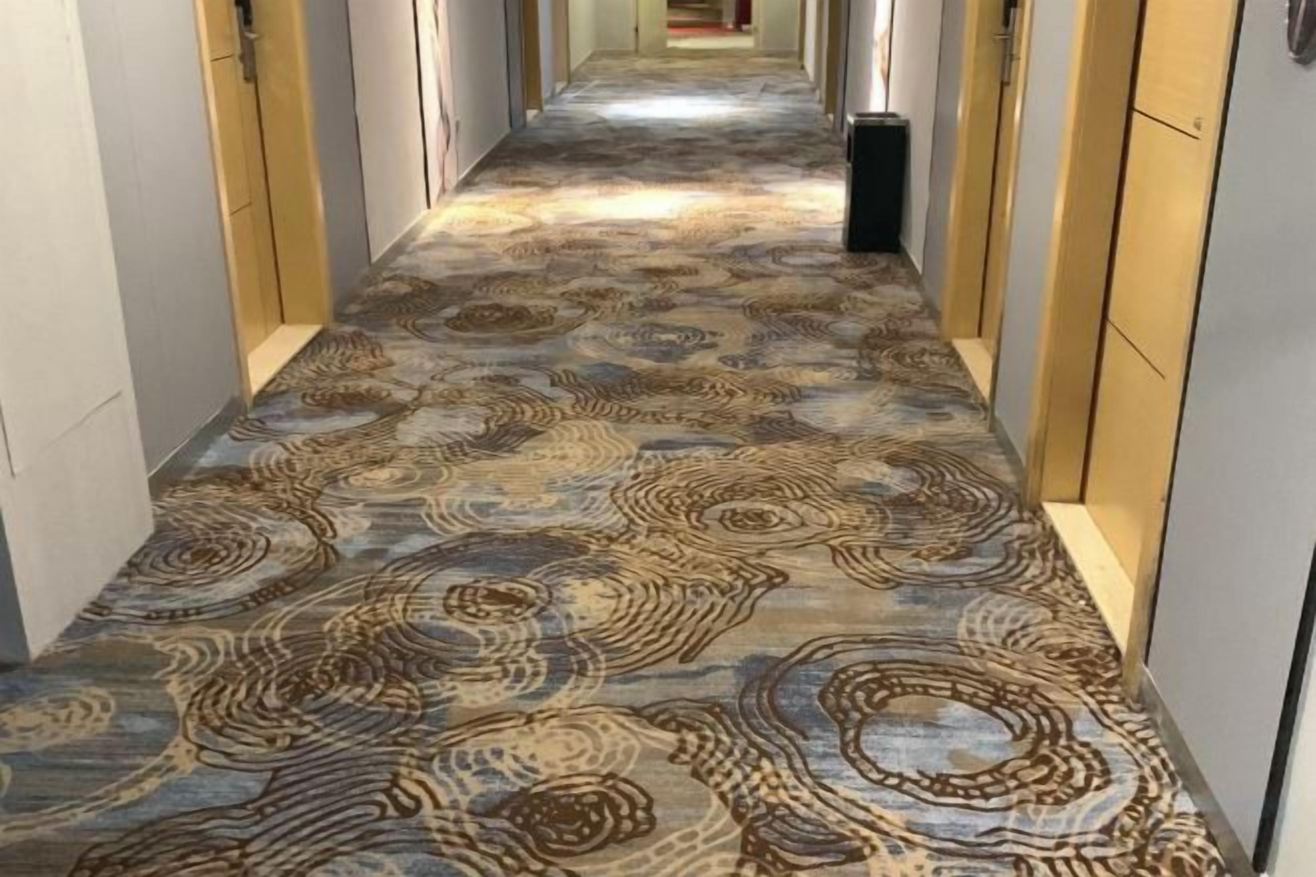 A carpeted hallway with a patterned design, leading to a room with a door at the end.