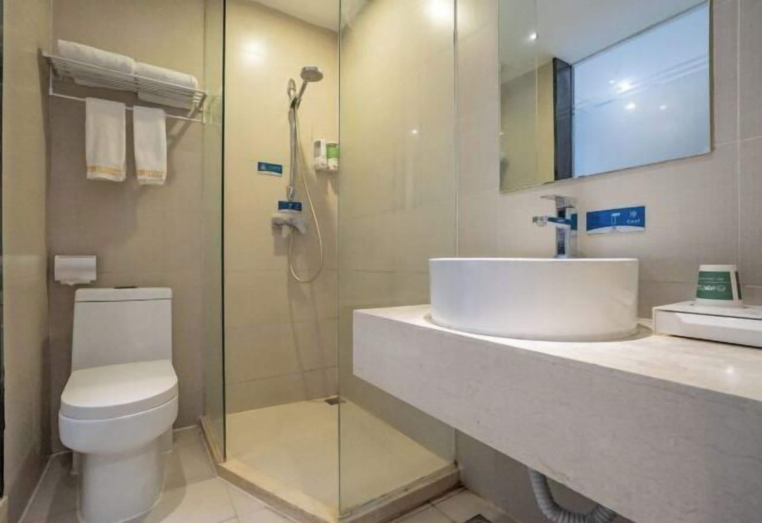 A modern bathroom with a glass-enclosed shower, a white toilet, and a large sink with a mirror above it.