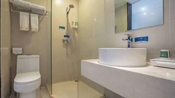 A modern bathroom with a glass-enclosed shower, a white toilet, and a large sink with a mirror above it.