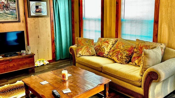Un salon chaleureux avec un plancher en bois, un canapé, une table basse et un téléviseur.