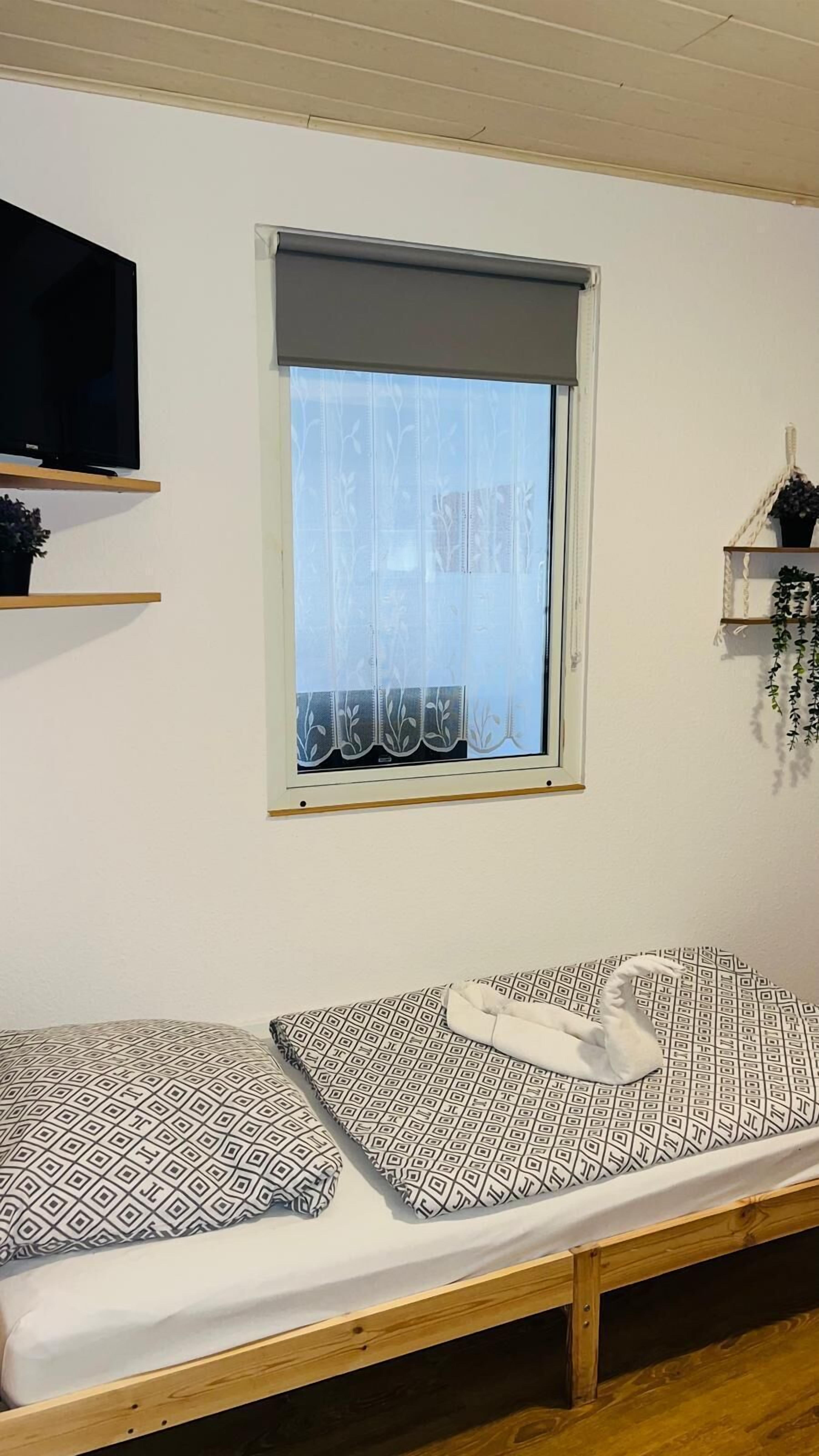 A small room with a single bed, a TV on a shelf, a window with a curtain, and a plant on a shelf.