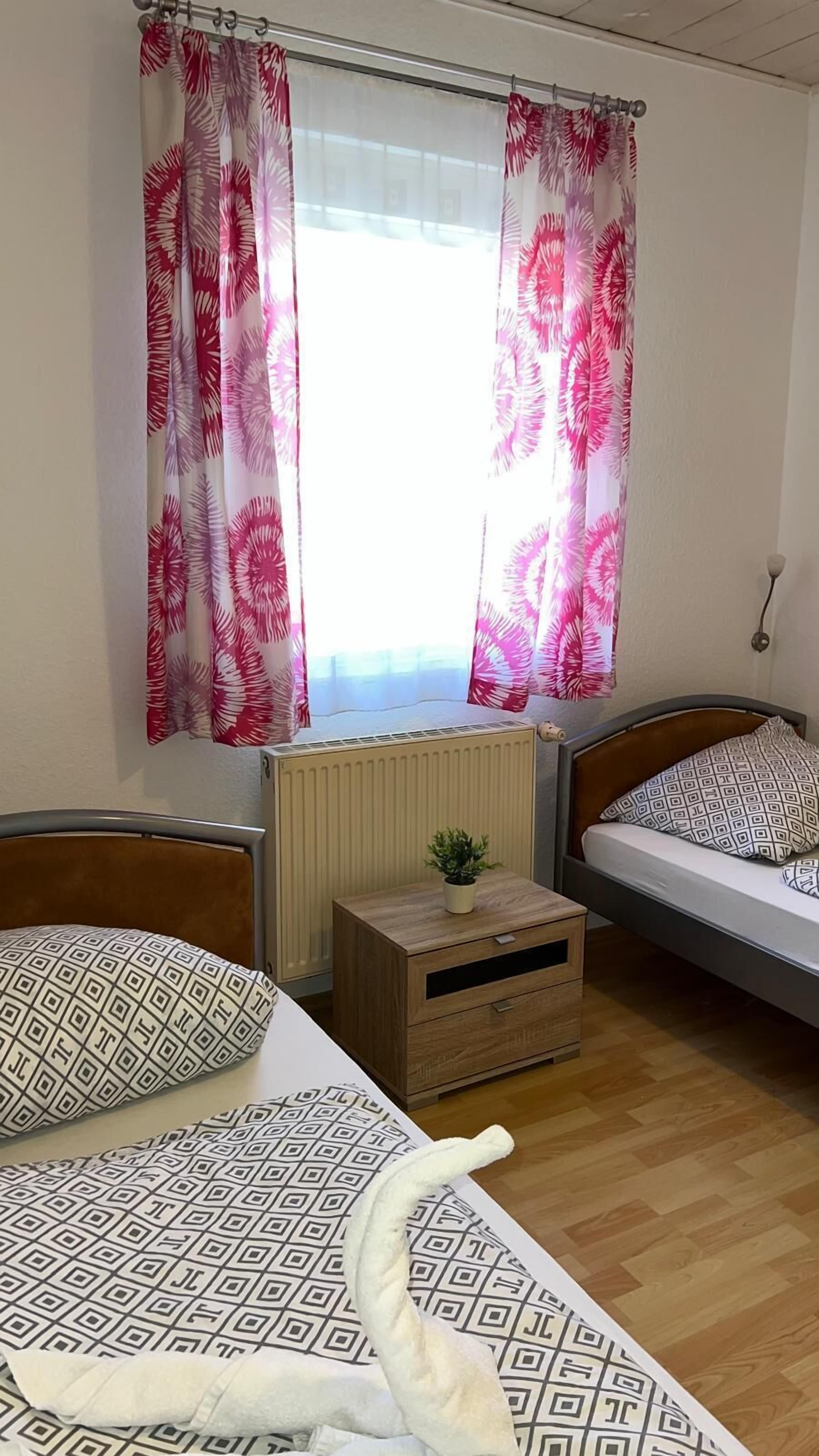 A bedroom with two beds, a wooden nightstand with a plant, and a radiator.