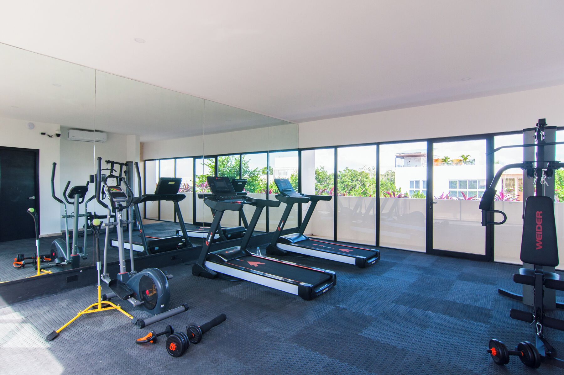 A modern gym with treadmills, elliptical machines, and free weights.