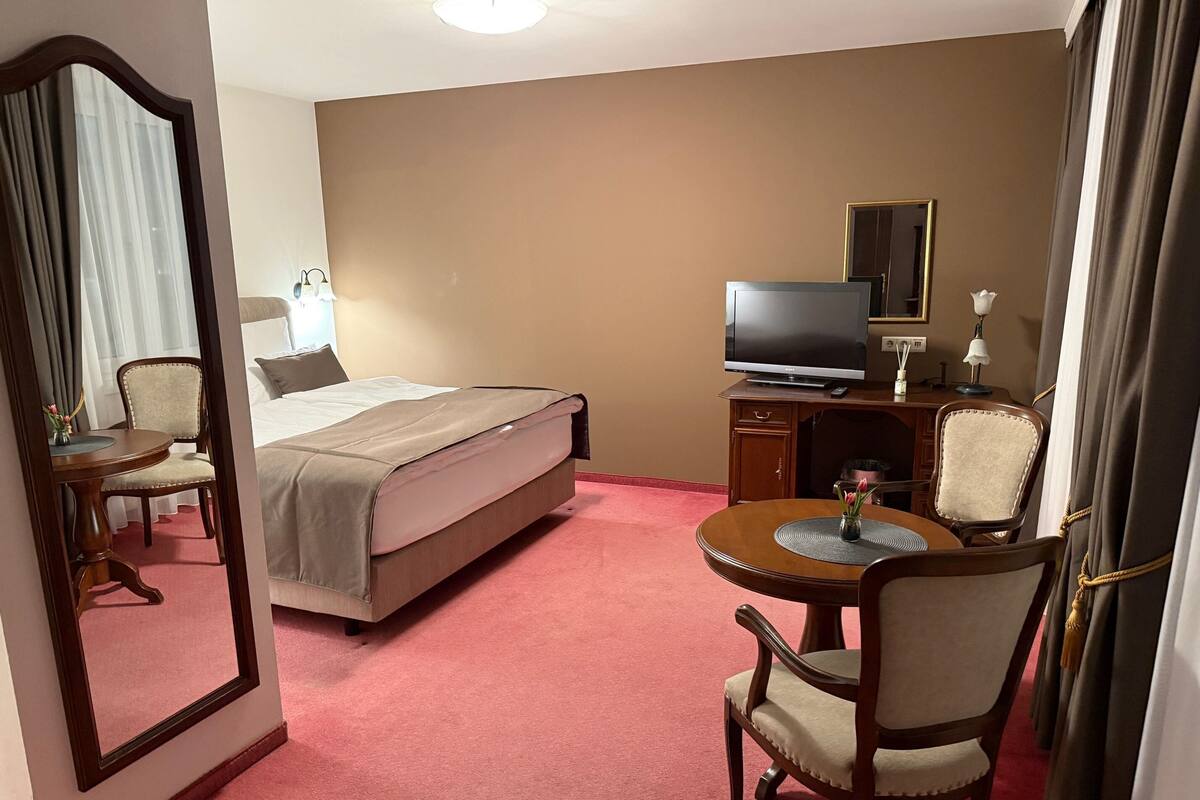 A hotel room with a bed, a TV, a desk with a chair, and a mirror.