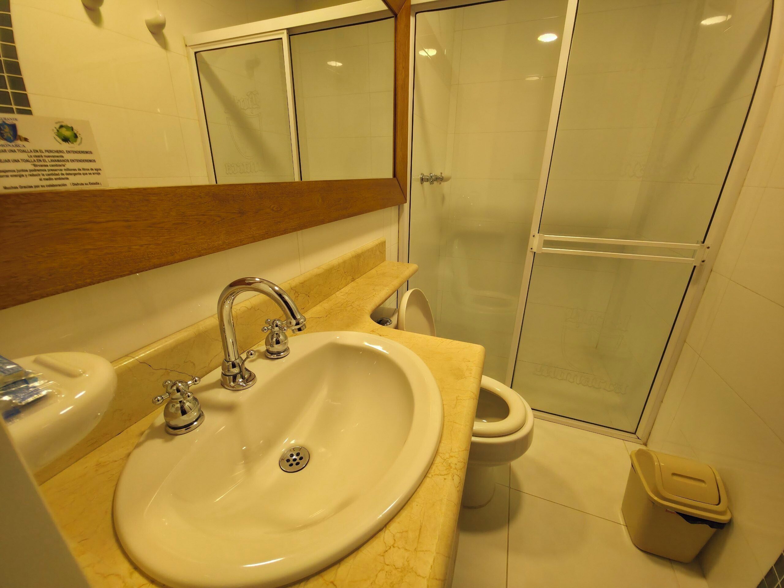 A bathroom with a sink, mirror, toilet, and shower.