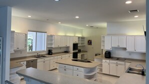 A modern kitchen with white cabinets, a central island, and built-in appliances.