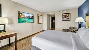 A hotel room with a bed, a desk, a chair, a TV mounted on the wall, and a framed picture.