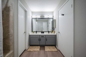 Hair dryer, towels, soap, shampoo