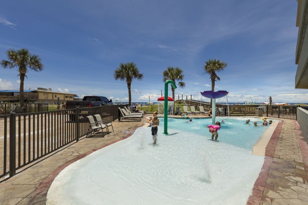 A pool area with palm trees, lounge chairs, and a water feature.