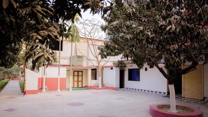 Un patio con un edificio, un árbol y suelo de baldosas.