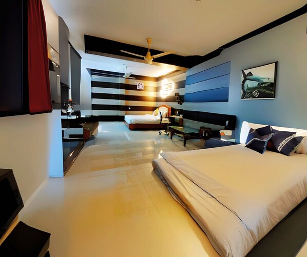 A modern hotel room with two beds, a ceiling fan, a flat-screen TV, and a large window. - Garden view villa  (Rajshahi)