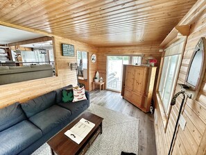 Smart TV, fireplace, books