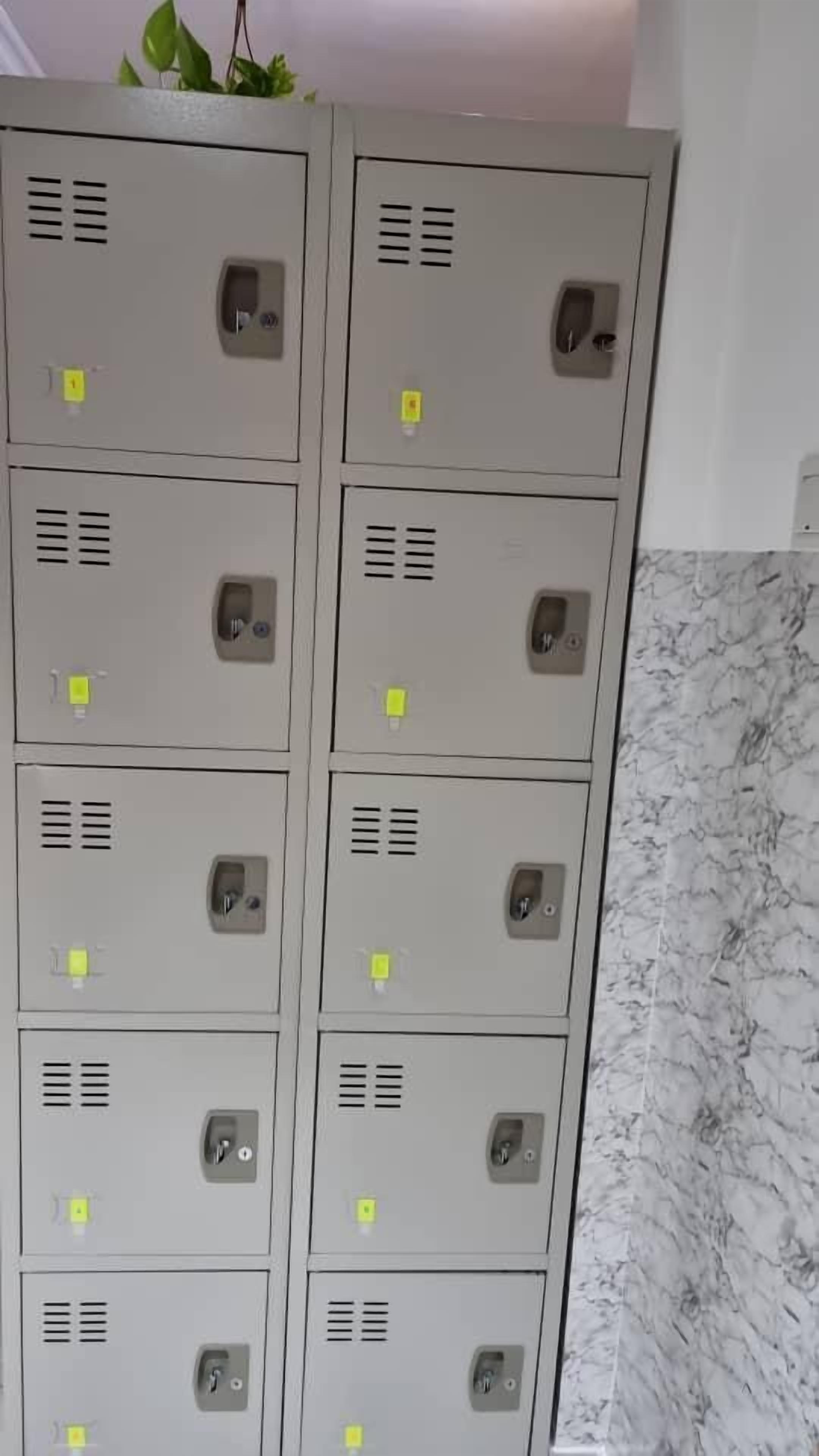 Una hilera de taquillas metálicas grises con etiquetas amarillas, una pared de mármol y una planta encima.