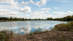 Un lac paisible, bordé d’une rive rocheuse, avec des arbres en arrière-plan.
