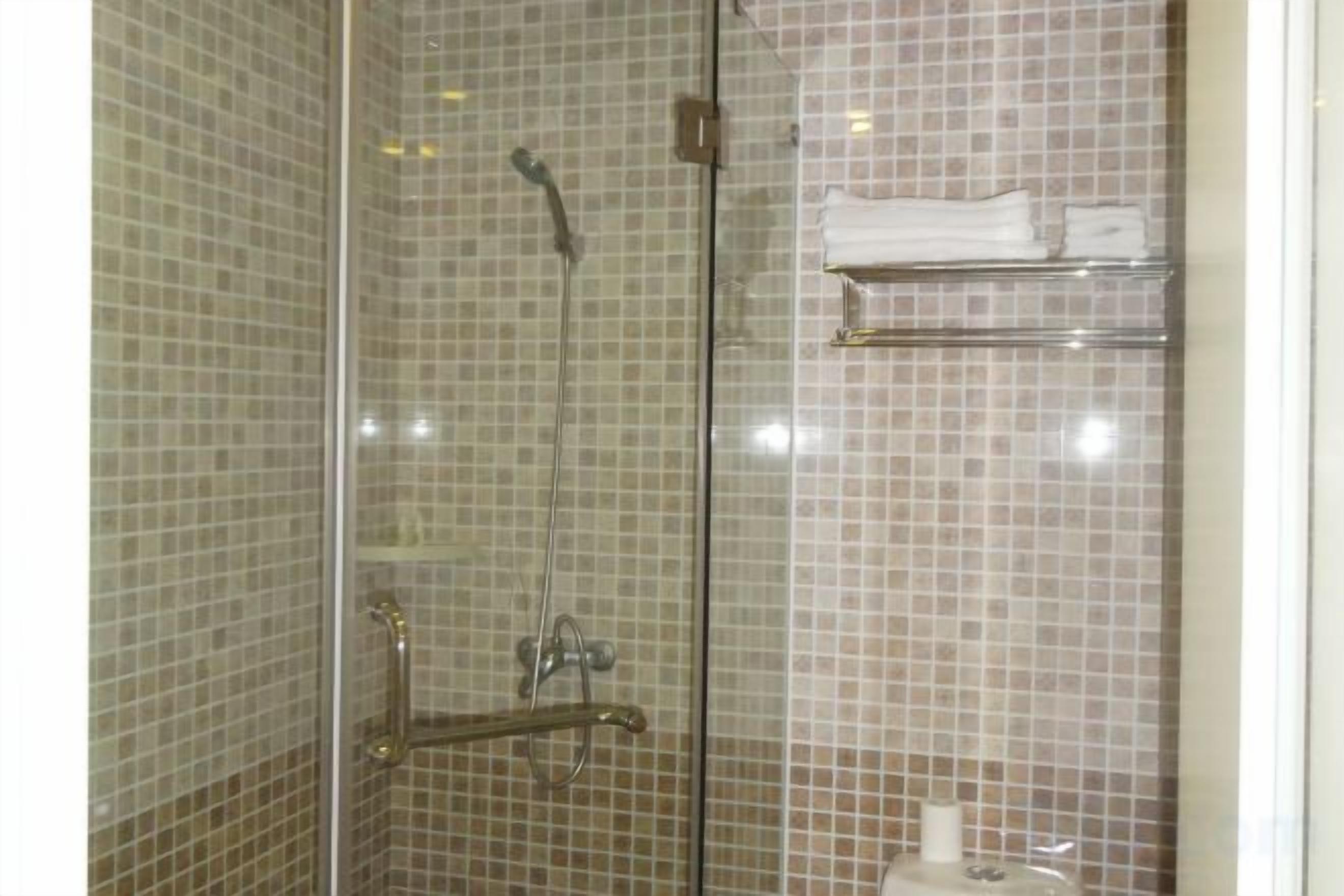 A glass-enclosed shower with a tiled wall, a towel rack, and a small shelf.