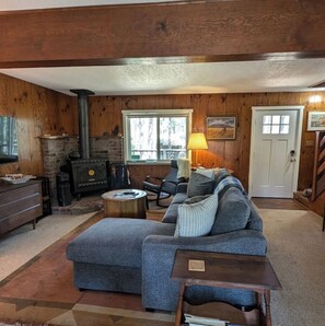 Smart TV, fireplace, books, stereo