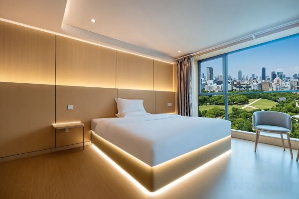 A modern hotel room with a large bed, a nightstand, a chair, and a city view through large windows.