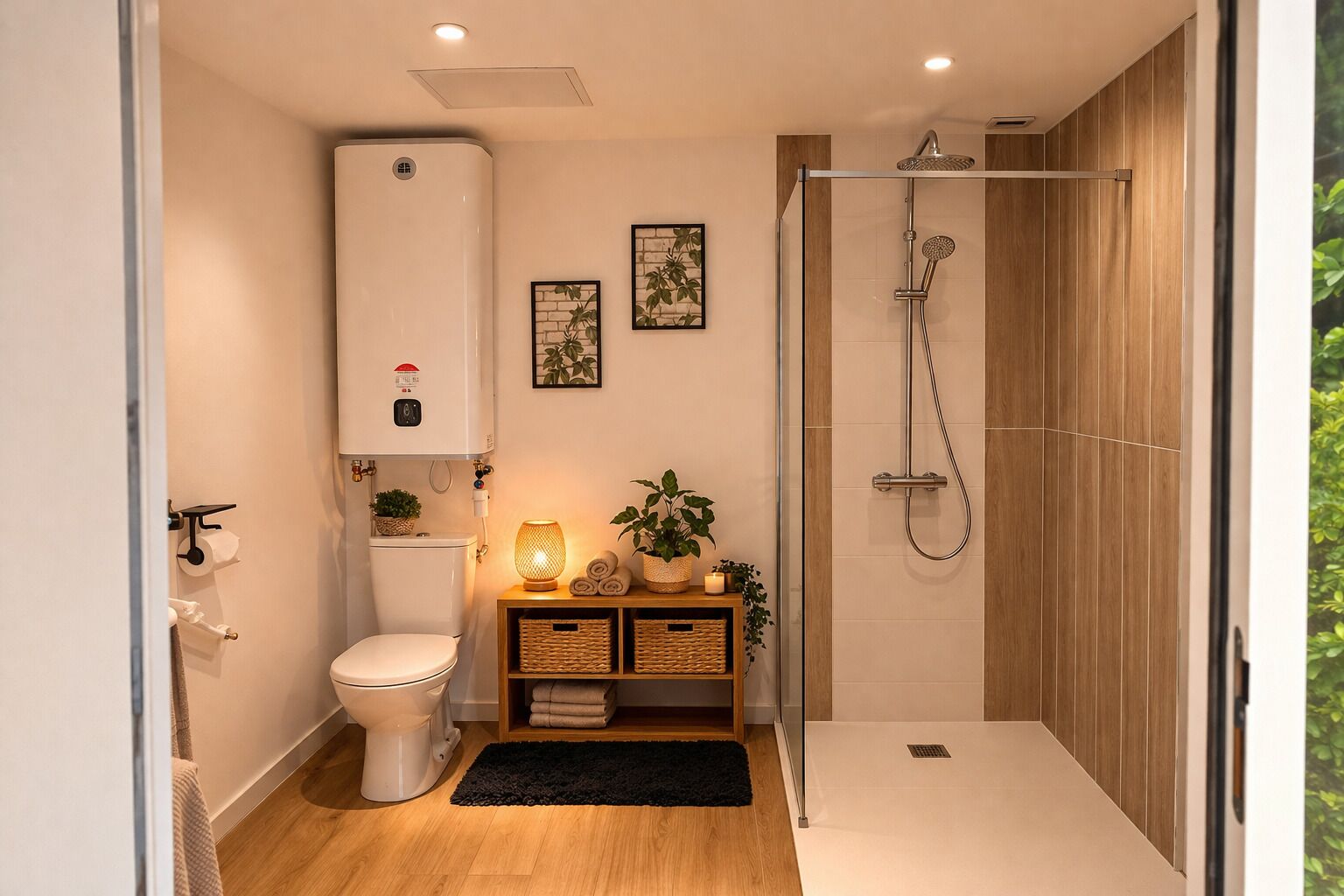 Un baño moderno con inodoro, ducha, calentador mural y un pequeño estante con toallas y plantas.