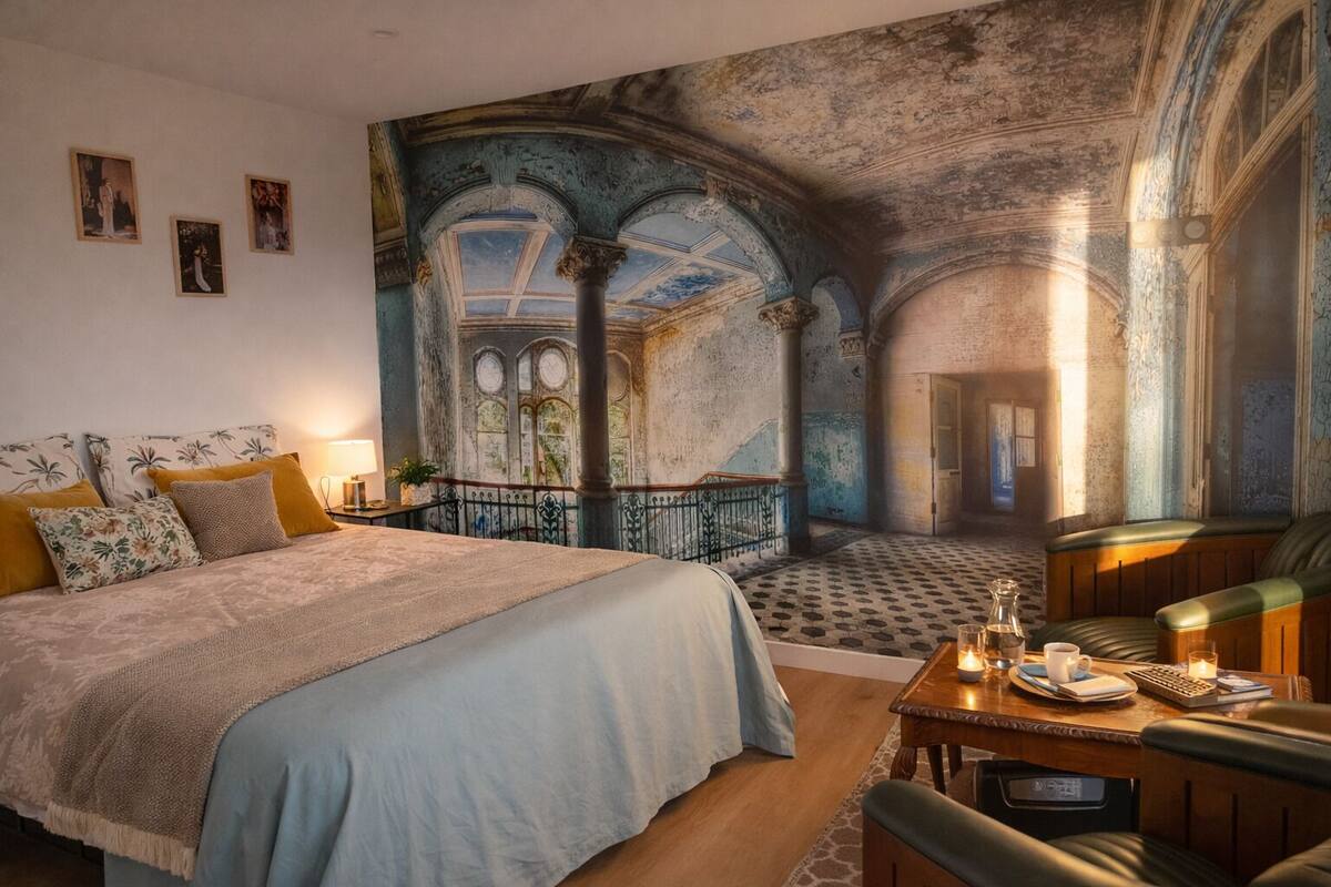 A bedroom with a large bed, a nightstand, a table with a candle, and a chair.