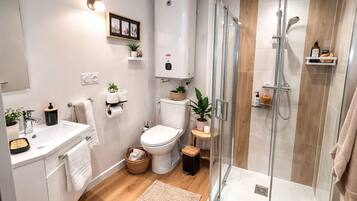 Appartamento Business, 1 letto queen, angolo cottura, al piano terra | Bagno | Set di cortesia gratuito, sapone, shampoo, carta igienica