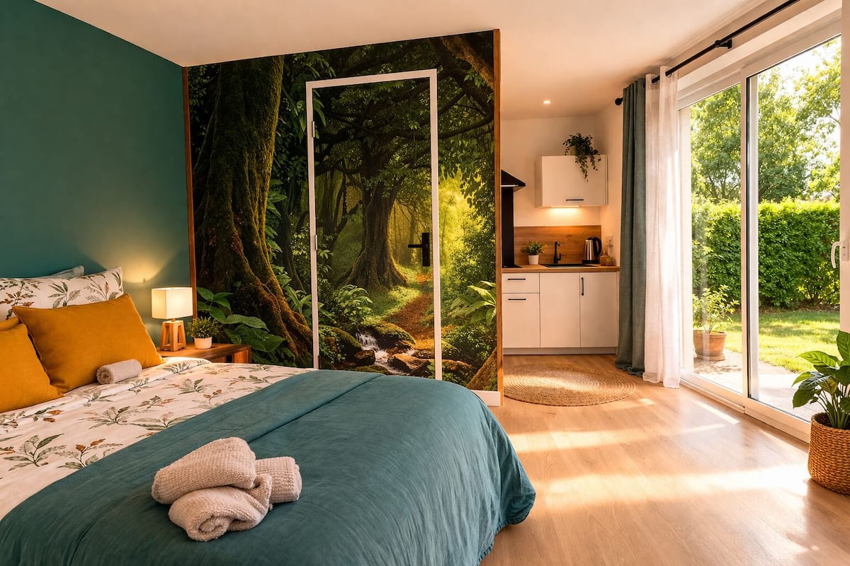 A bedroom with a large bed, a view of a forest through a sliding door, a small kitchenette, and a sliding glass door to the outside.
