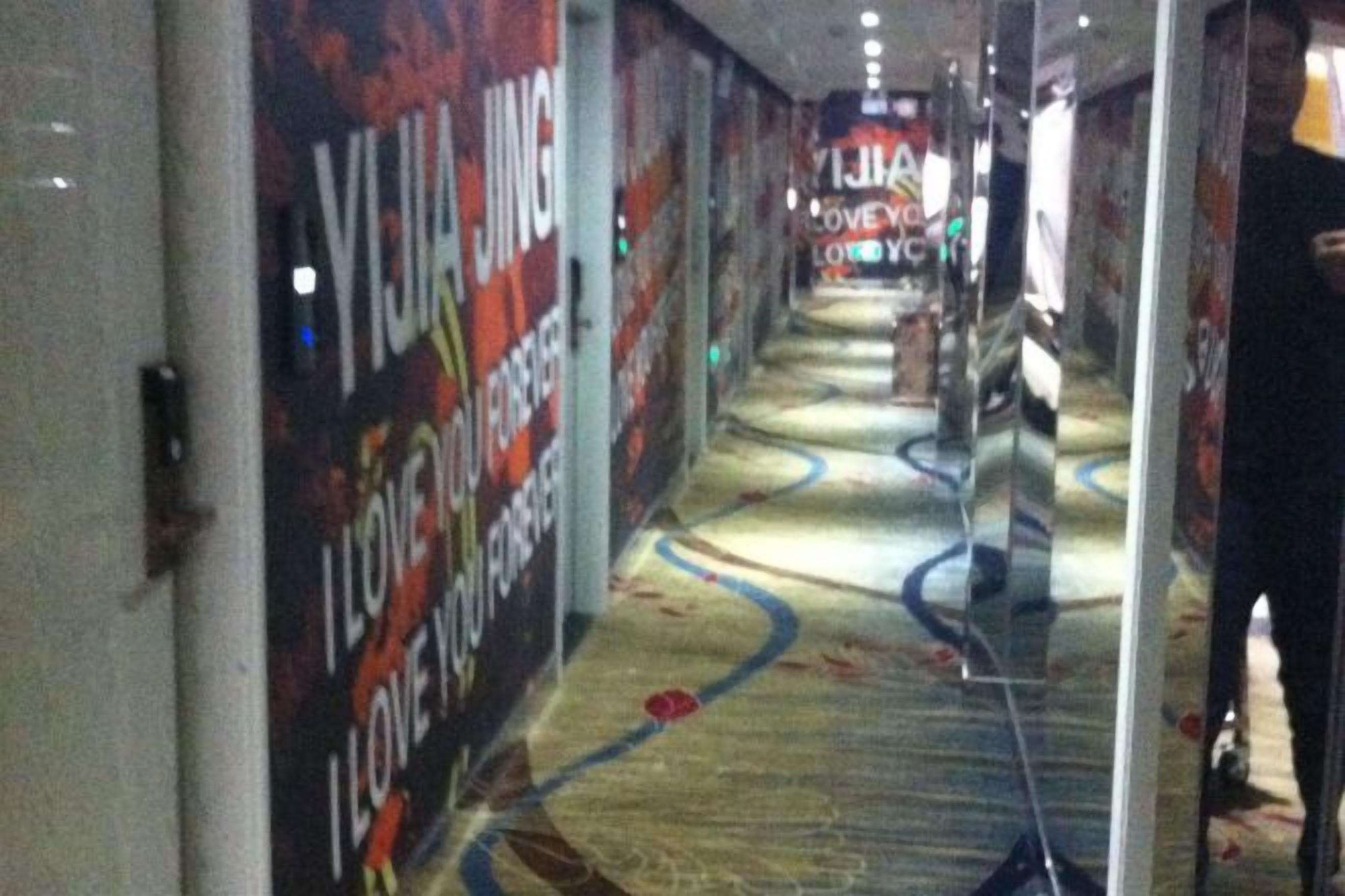 Corredor com carpete estampado e cartazes nas paredes.