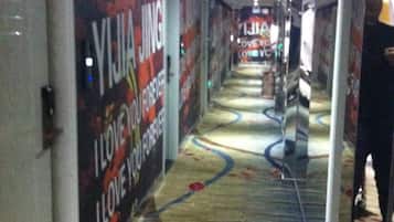 Corredor com carpete estampado e cartazes nas paredes.