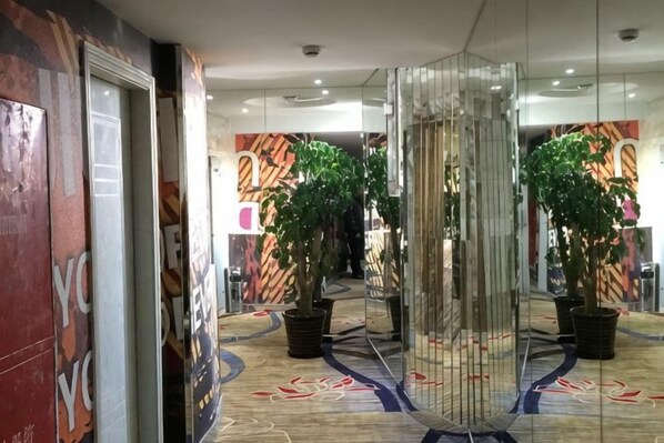 Un hall d’hôtel avec une cloison en verre, des plantes en pot et une moquette à motifs.