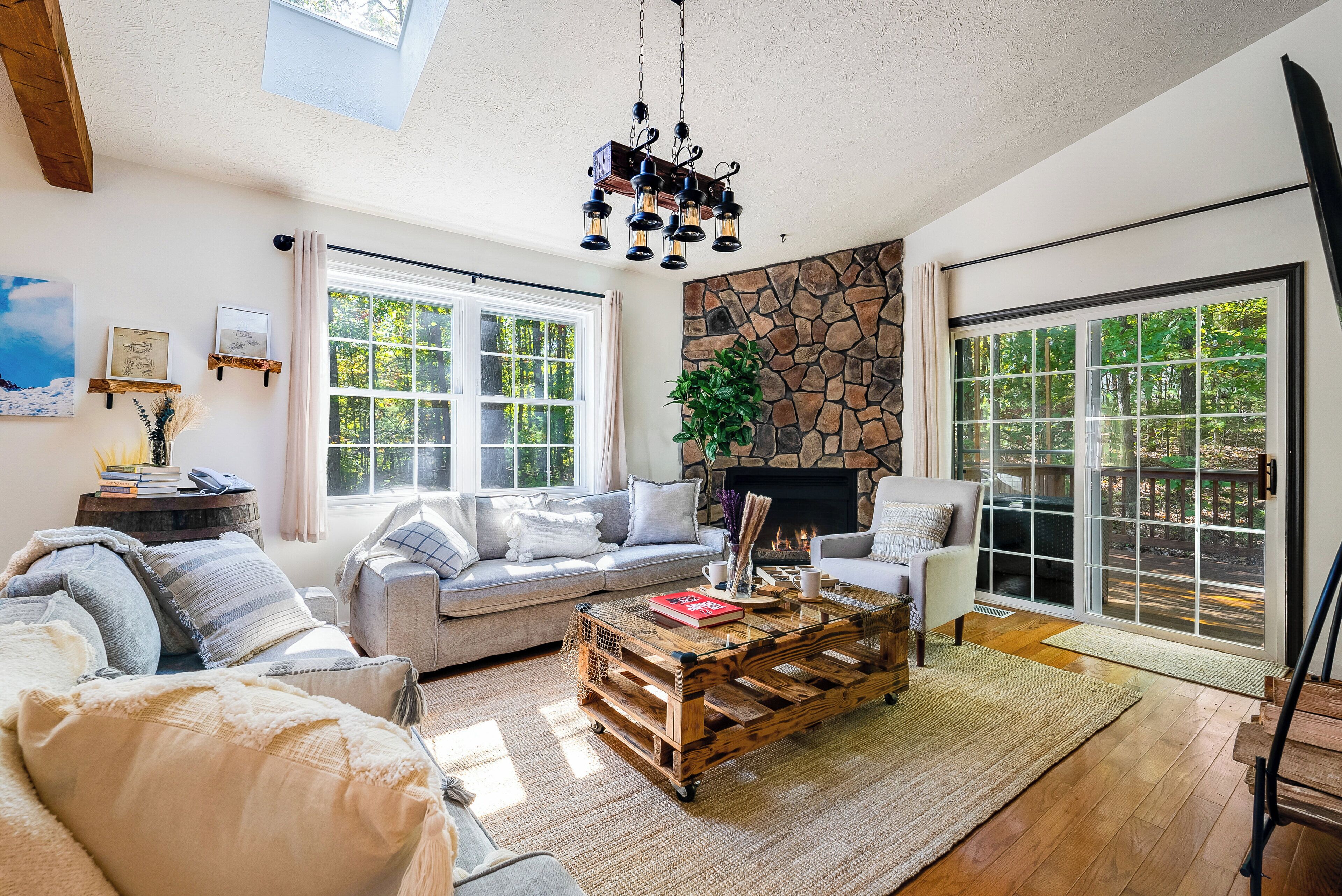 Smart TV, fireplace, table tennis, books