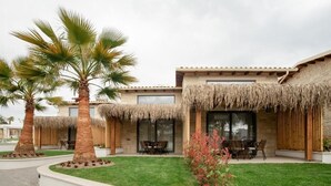 A modern house with a patio area, palm trees, and a well-maintained lawn. - Kallithea Village (Kassandra)