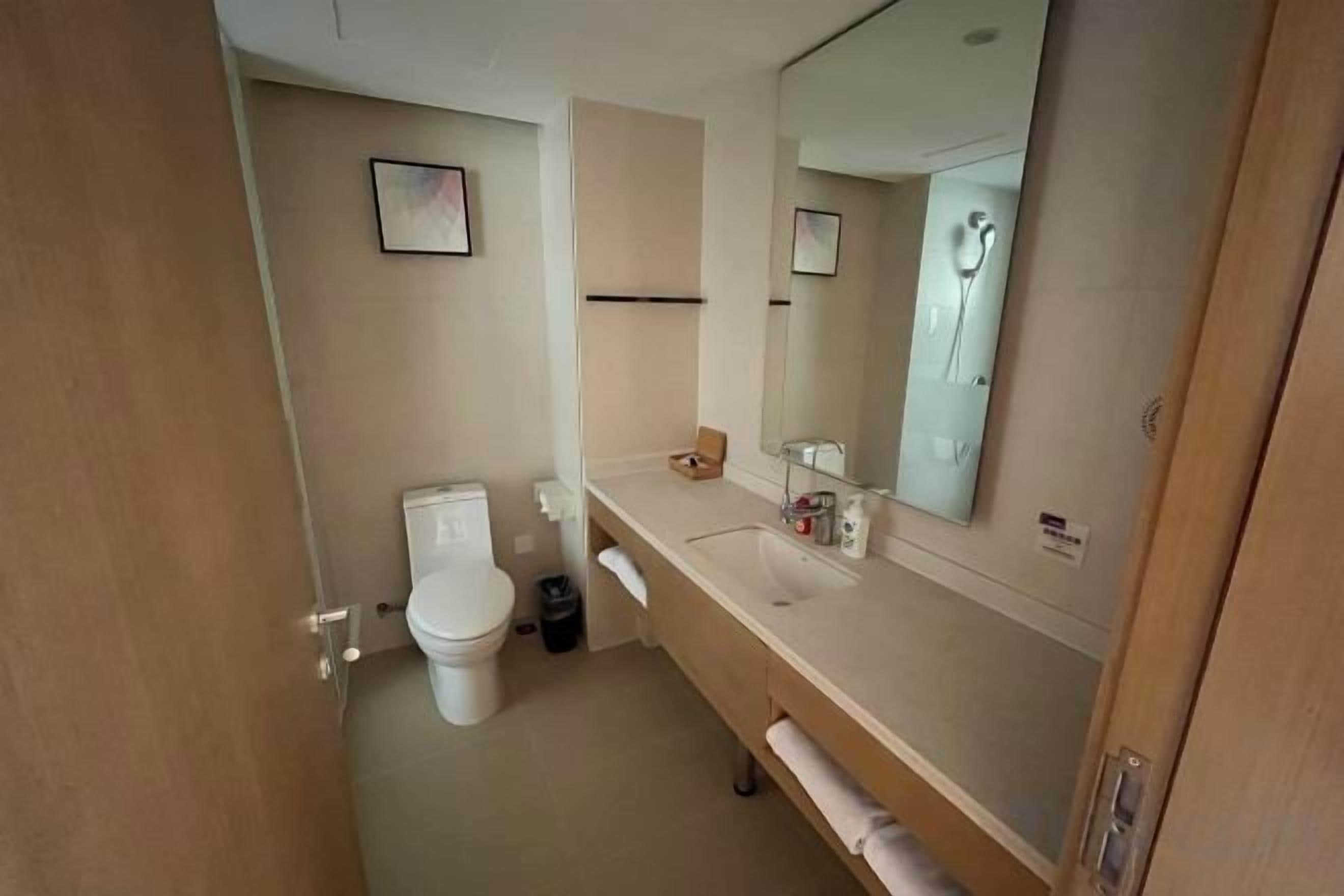 A bathroom with a toilet, sink, mirror, and towel rack.