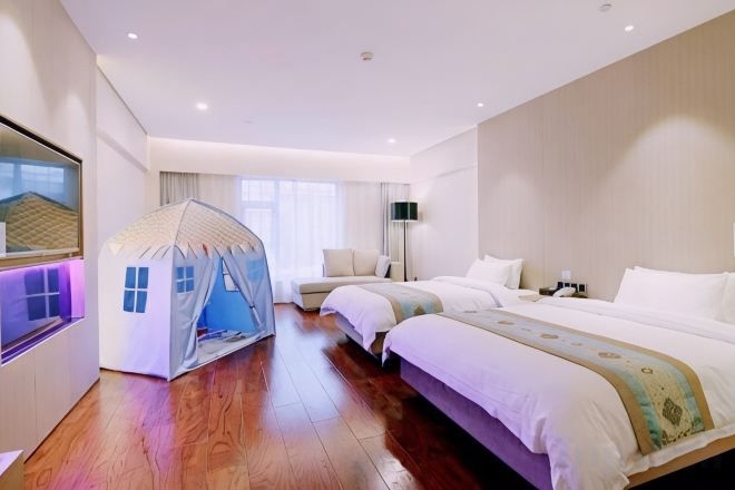 A hotel room with a large bed, a small tent-like structure, a bedside table, and a flat-screen TV.