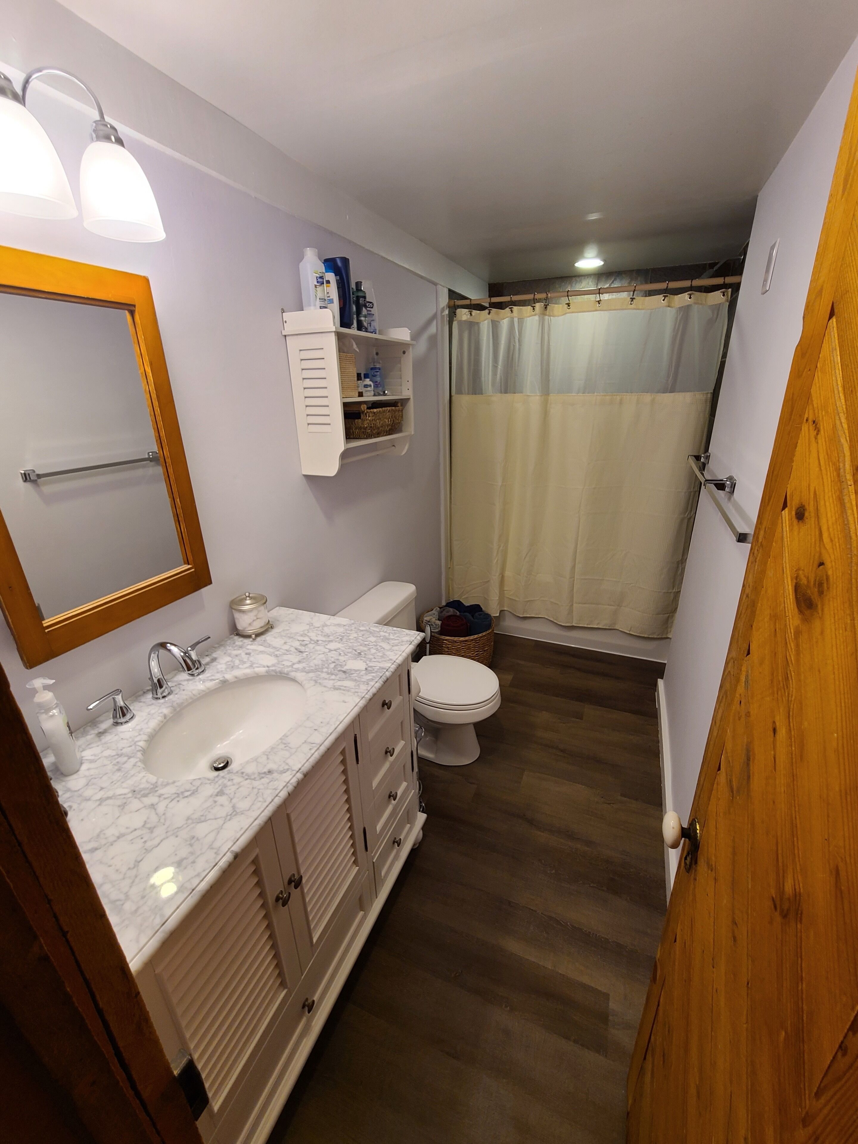 Hair dryer, towels, soap, toilet paper
