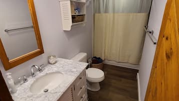 Hair dryer, towels, soap, toilet paper