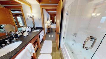 Jetted tub, hair dryer, towels, soap