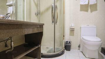 A bathroom with a glass shower enclosure, a white toilet, and a marble sink.