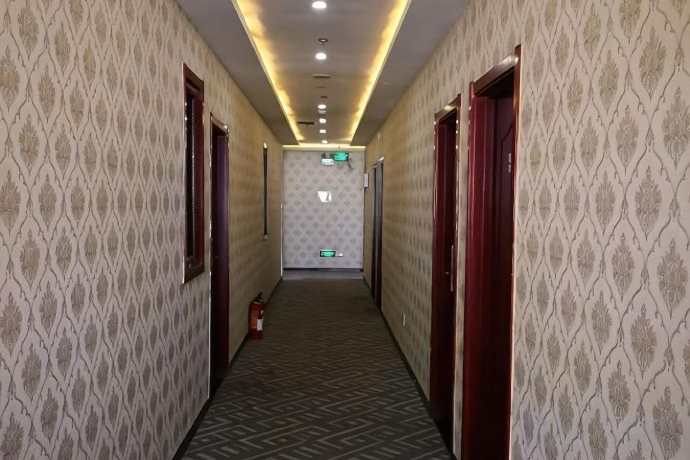 A hallway with patterned wallpaper, doors, and a fire extinguisher.