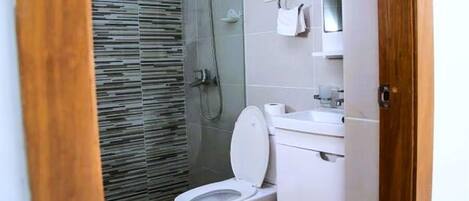 Een moderne badkamer met een douchecabine van glas, een wit toilet en een wastafel met een spiegel erboven.