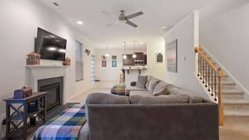 Télévision, cheminée, espaces bureaux