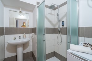 Shower, hair dryer, towels